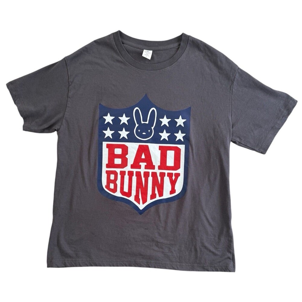 Bad Bunny Gray Graphic NFL Shield Print T-Shirt Crew Neck Womens Sz Large